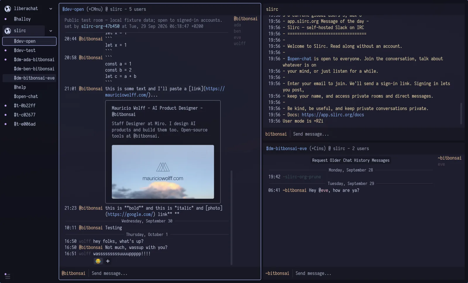 Halloy connected to Slirc, with a link preview and a 😂 reaction in #dev-open