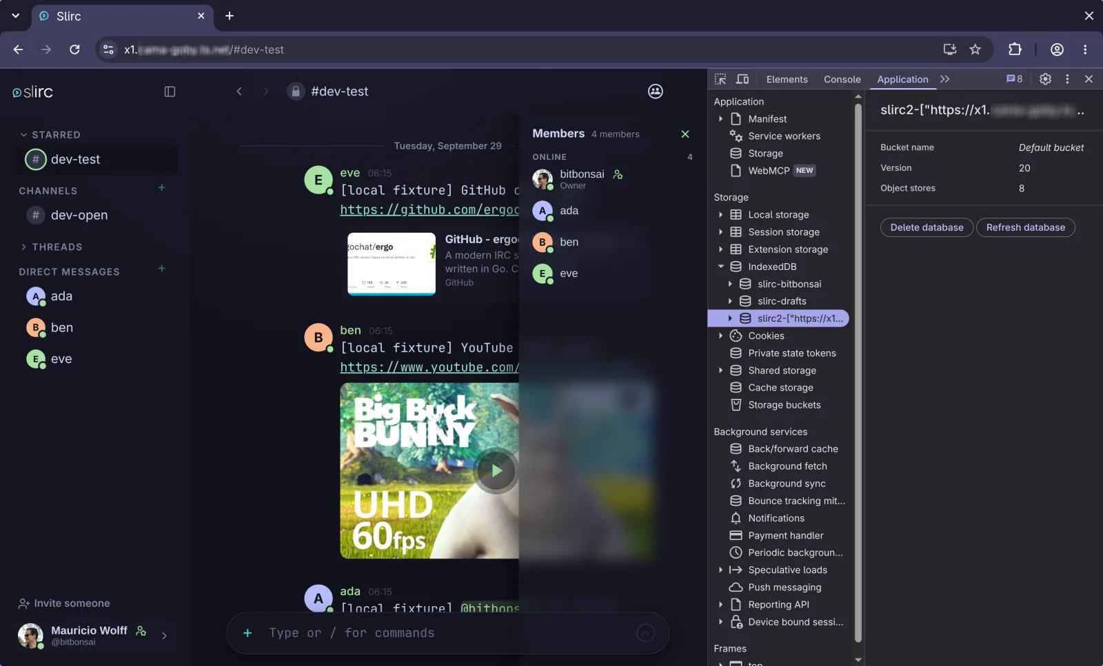 Slirc with DevTools open on its IndexedDB stores