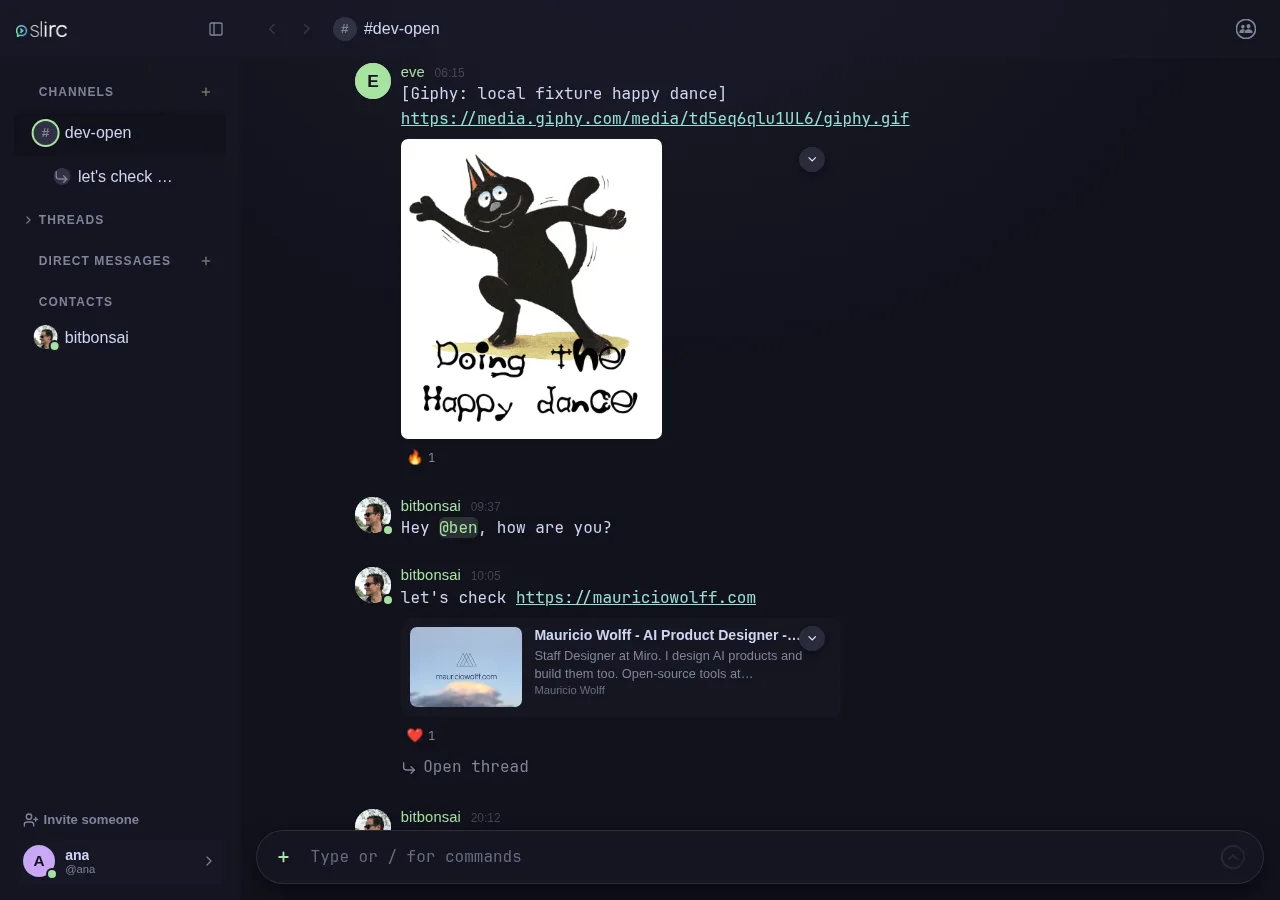 Slirc desktop app showing the dev-open channel, a GIF, message reactions and a link preview