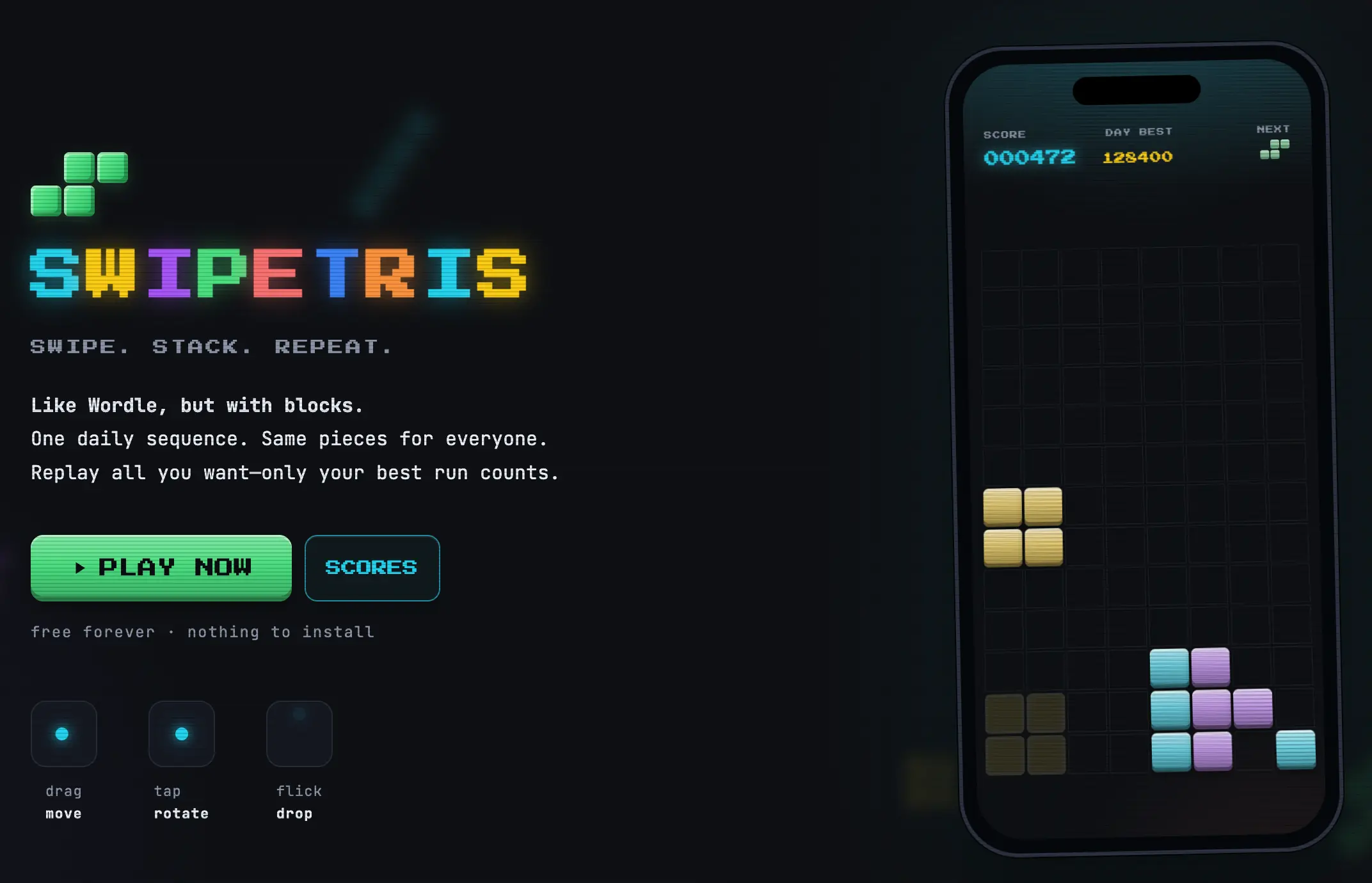 Swipetris landing page: play now, no install, swipe to move