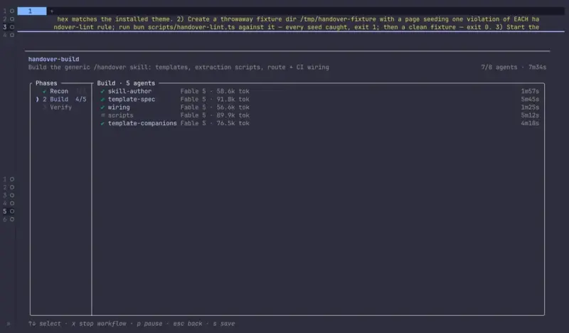 Claude Code workflow view: recon, build, and verify agents in progress